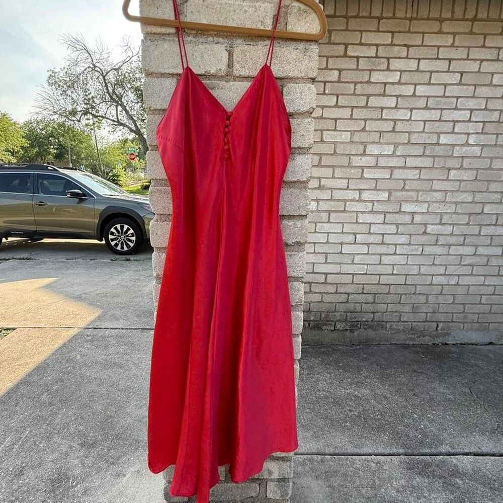 Red Satin Medium Slip Dress Vintage Button Detailed